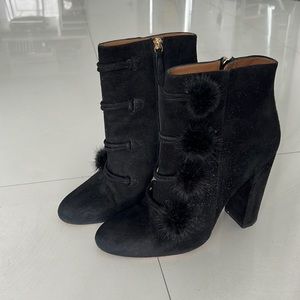 Aquazzura Black Ankle Boots with Pom Poms